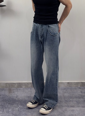 Roast Lucky 水洗雪花蓝直筒牛仔裤宽腿深挖袋做旧磨破设计感长裤