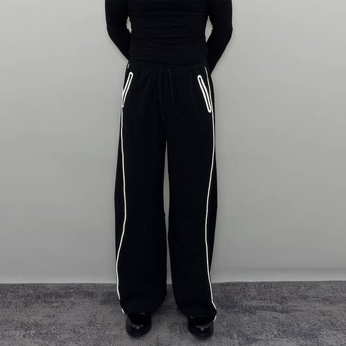 Roast lucky美式反光压胶织带直筒长裤 男复古防水休闲运动裤