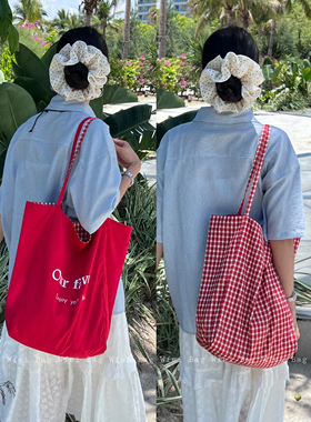 Wfei双面可背红色包包字母帆布包韩版大容量托特包慵懒风单肩包女