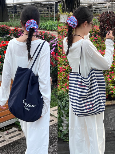 条纹帆布包刺绣大容量双面托特包