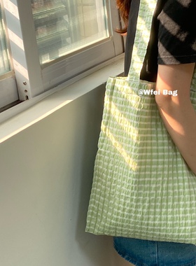 Wfei小众文艺薄款夏季百搭仙女包黄色泡泡格子单肩日系小清新布包