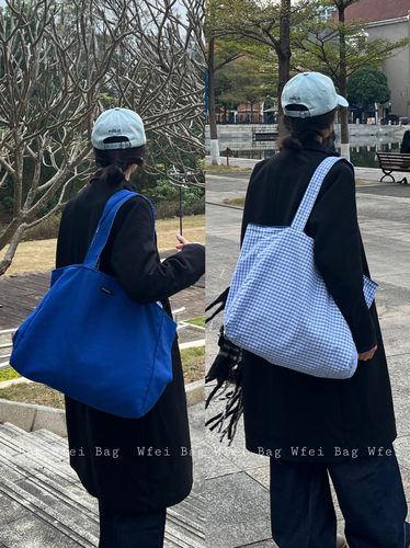 双面背格子帆布袋韩版休闲单肩包