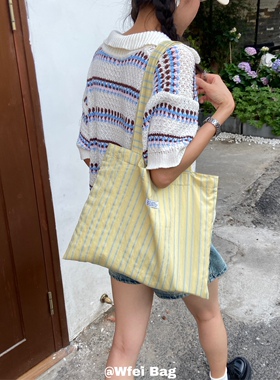 春夏清新撞色条纹肌理感单肩包薄款棉布包学生单肩包黄色帆布袋女