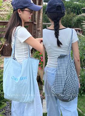 Wfei韩系ins蓝色格子帆布包女大容量单肩包慵懒风双面可背托特包