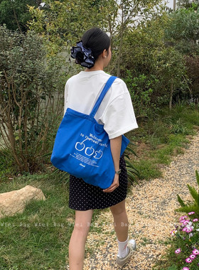 wfei复古牛仔蓝字母印花帆布包通勤出游百搭单肩包大容量托特包女