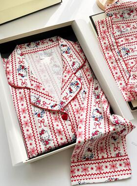 本命年红色卡通kitty猫咪冰丝绸睡衣女春季送闺蜜朋友礼盒家居服