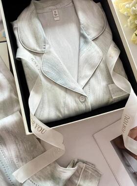 流光印花冰丝缎面睡衣女送朋友闺蜜高级感长袖仿真丝家居服套装