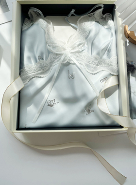 蓝色蝴蝶吊带睡裙女夏天纯欲风冰丝睡衣带胸垫丝绸家居服送闺蜜