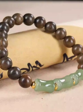 奇楠沉香木手串东陵玉节节高升绿竹节单圈男女木质手链平安配饰款