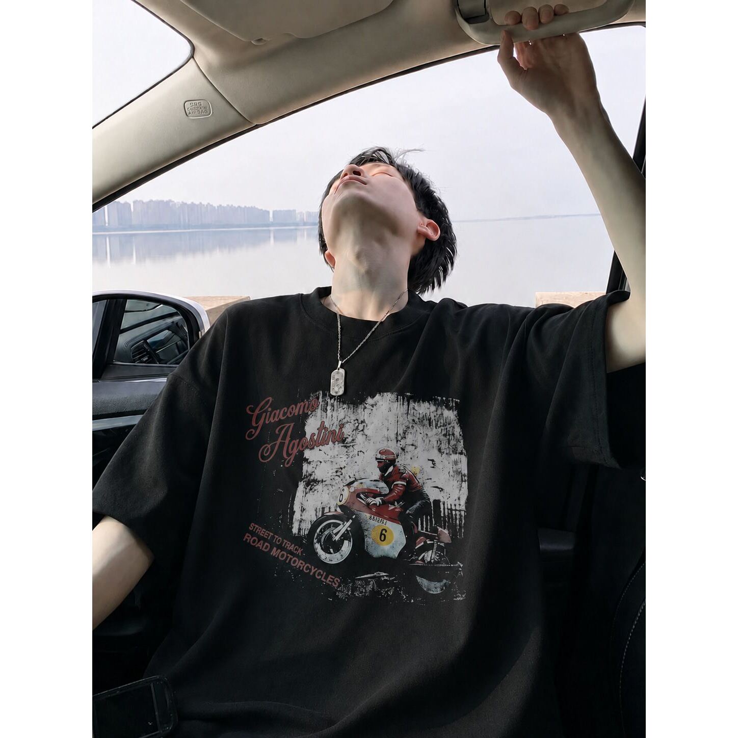 索罗娜凉感美式复古机车男T恤