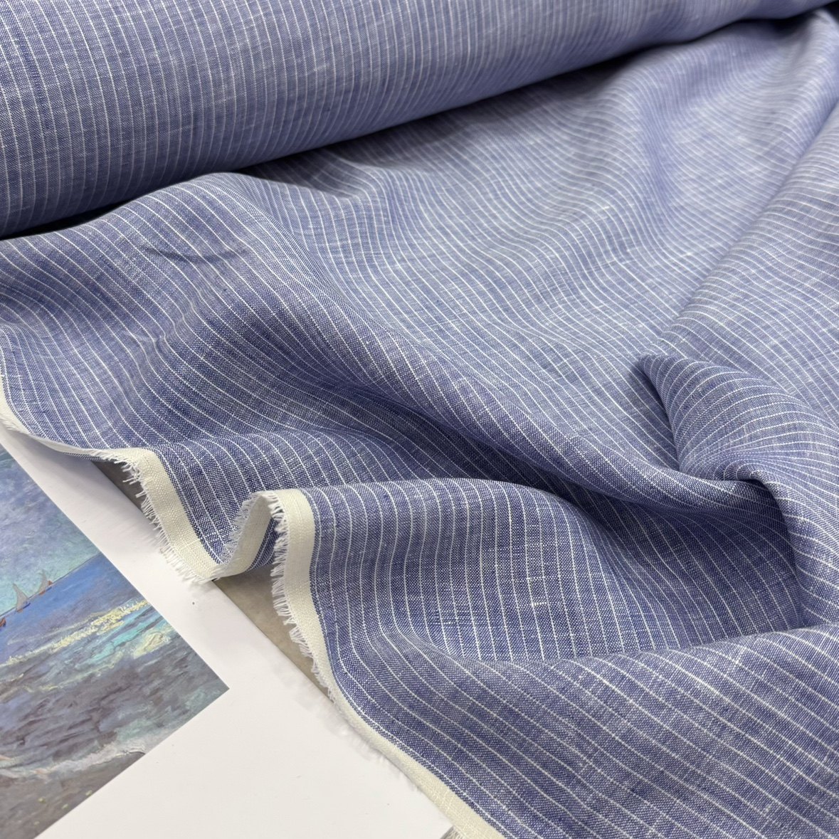 复古牛仔蓝色条纹色织亚麻布料