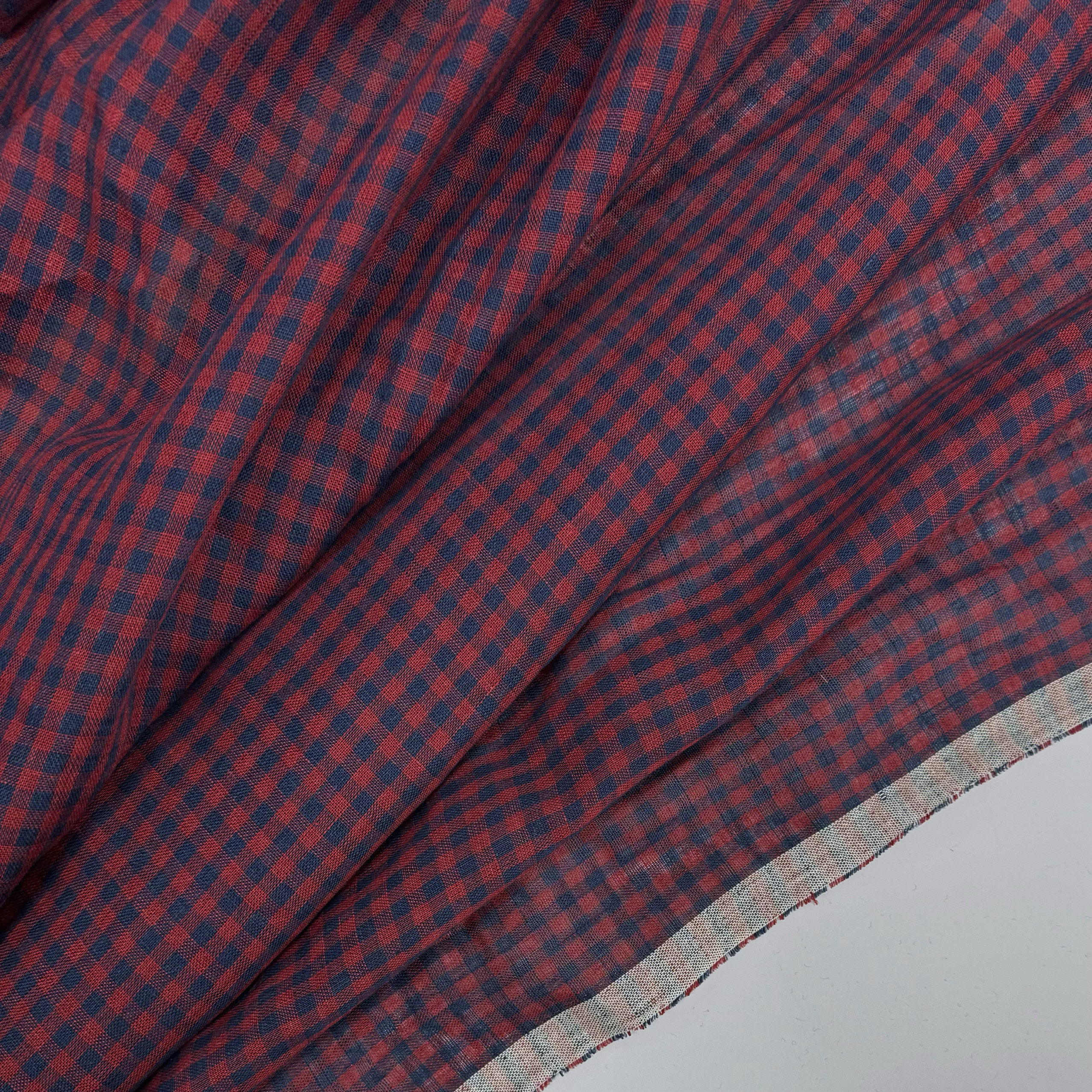 藏青酒红色维希格纹亚麻衬衫布料