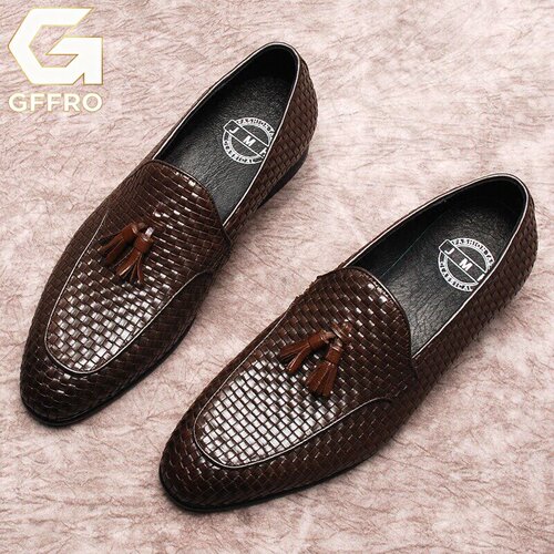 GFFRO法国手工编织男鞋真皮流苏乐福鞋男士英伦商务皮鞋一脚蹬鞋