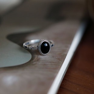 秘境 通体纯银黑玛瑙戒指女复古高级感中古风椭圆食指戒开口指环
