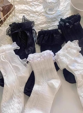 白色蝴蝶结花边jk袜子女中筒夏季薄款日系甜美Lolita蕾丝公主袜女