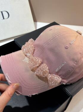 重工粉色棒球帽女春款手工缝制水晶蝴蝶结甜美气质防晒鸭舌帽子潮