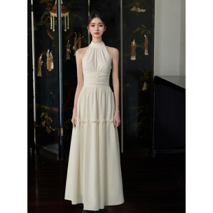 设计感无袖 高级感挂脖连衣裙女夏季 褶皱收腰显瘦气质长裙 新款 法式