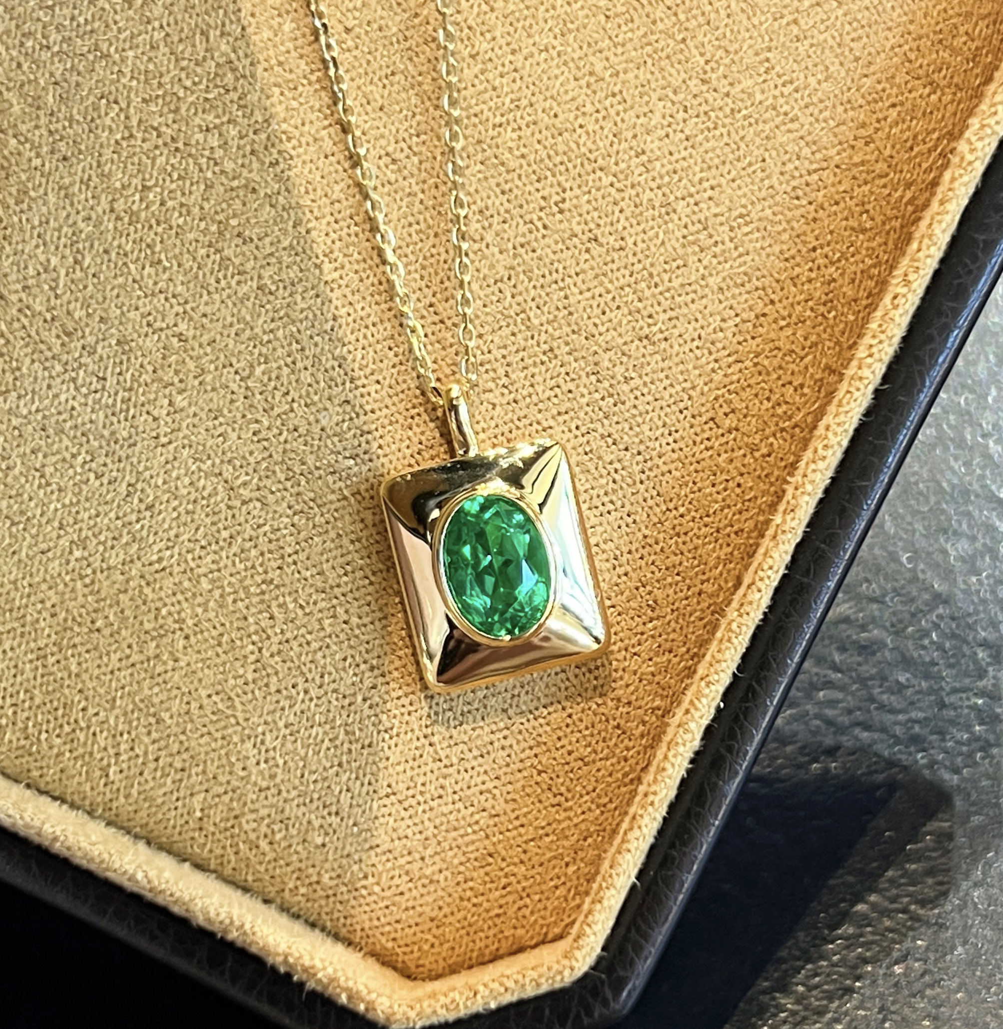 18K金实验室人工培育宝石椭圆形高级感祖母绿几何锁骨项链女礼物