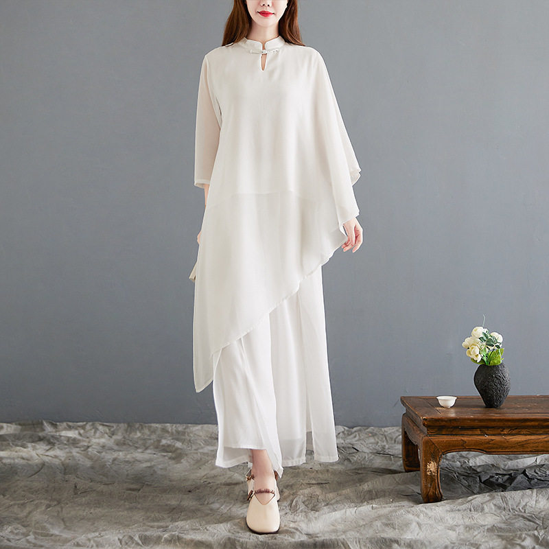 飘逸禅意茶服仙气2026夏季新款女装中式中国风白色雪纺太极服套装