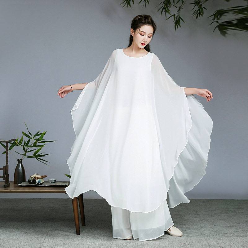 三层大摆雪纺茶服禅意禅服阔腿裤套装打坐民族风舞蹈演出连衣裙女