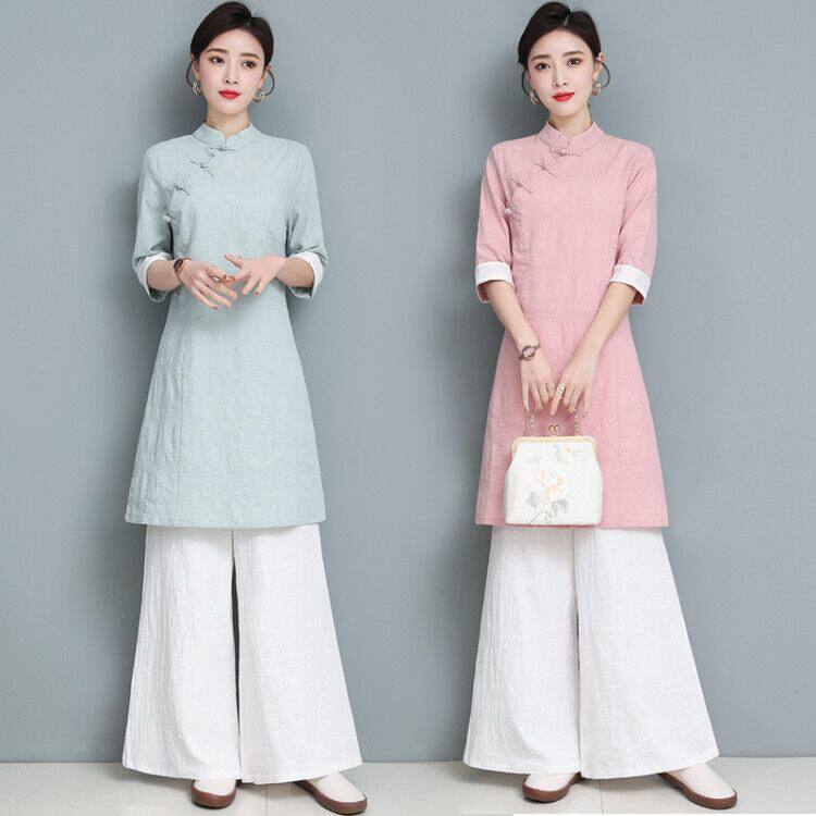 2025春夏季新款棉麻提花改良旗袍连衣裙女复古盘扣七分袖禅意茶服