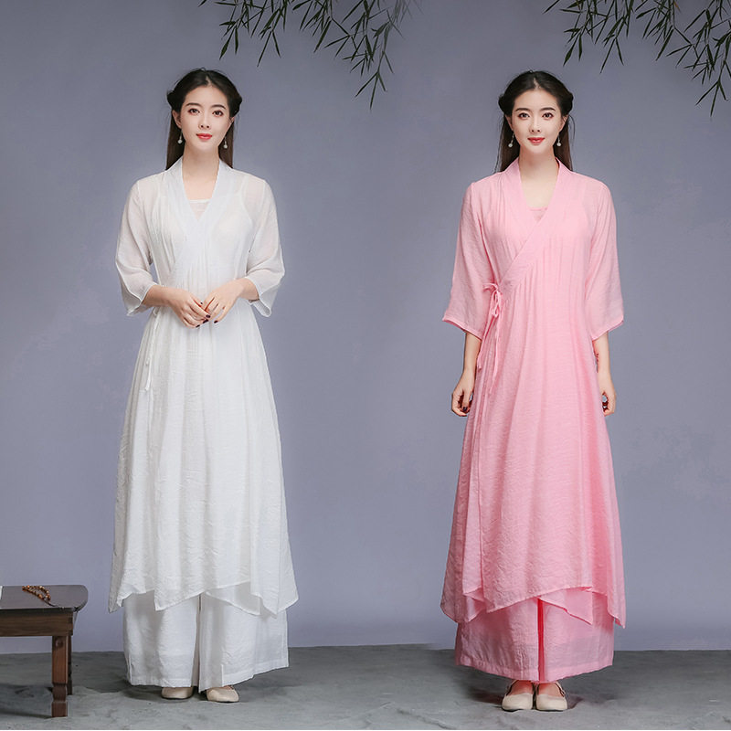 新款 3件套禅意女装文艺复古汉服春 唐装中国风禅修茶服粉色白色
