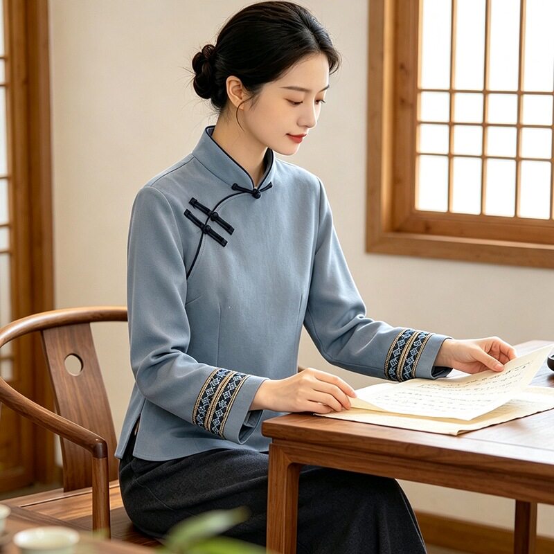 新中式国风套装女改良旗袍上衣2026秋季民国盘扣茶服阔腿裤两件套