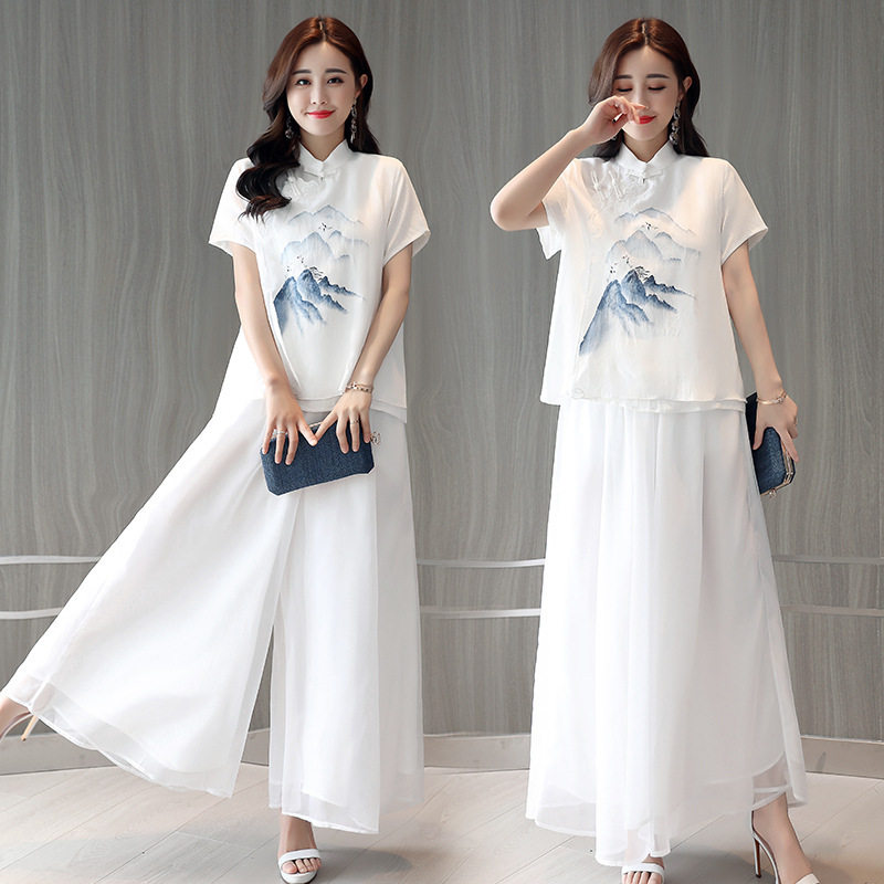 汉服改良套装女夏装复古盘扣上衣中国风棉麻绣花茶服两件套