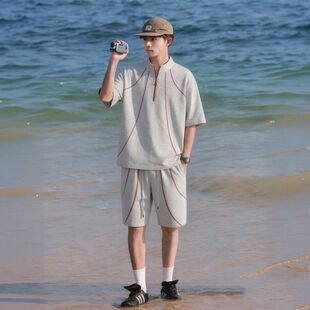 夏季新款男士短袖短裤套装男休闲运动宽松户外潮牌时尚港风