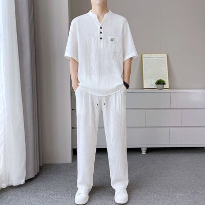 夏季新中式休闲套装男士V领宽松茶服短袖薄款皱感两件套