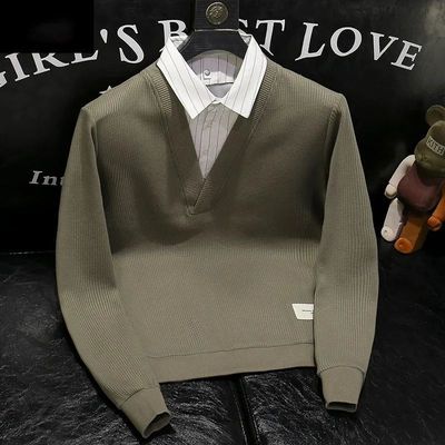高端男士衬衫领卫衣2025秋季新款潮牌设计假两件V领上衣休闲外套