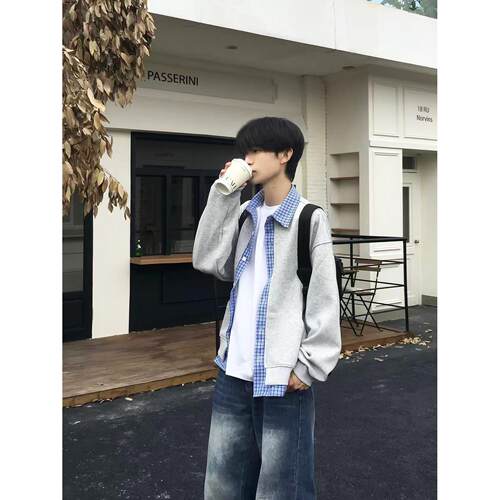 拼接开衫卫衣男假两件秋季格子慵懒美式宽松翻领cleanfit外套穿搭