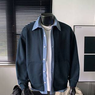 情侣夹克外套 秋慵懒风美式 cleanfit假两件拼接格子卫衣开衫 男款