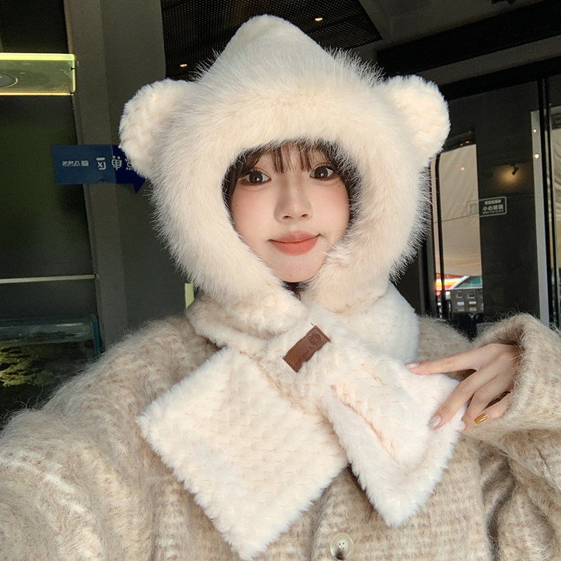 可爱小熊围巾一体帽子女2025新款防寒保暖围脖骑行护耳手套三件套