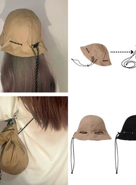 渔夫帽可收纳可斜挎抽绳设计户外小众 遮阳帽子女防晒可折盆帽