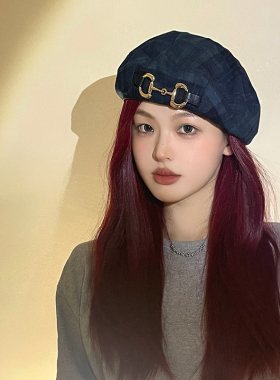 棕色贝雷帽格子女秋冬款ins网红大头复古英伦设计感小众显脸小