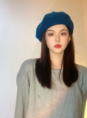 版型大显脸小羊毛贝雷帽女秋冬款黑色大头围帽子日系气质蓝色大脸