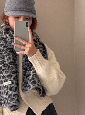 尊宿～辣妹豹纹卷卷毛围脖长方形韩版围巾冬季青年保暖