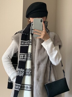 费尔岛围巾设计款两面围脖秋冬保暖氛围感女黑白拼色针织