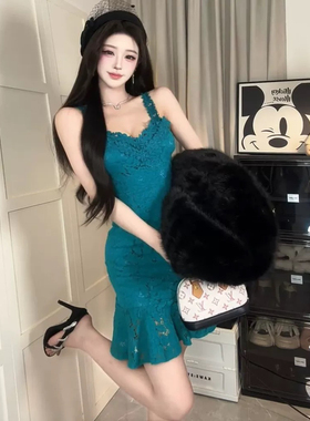 WW原创娇心尤物镂空蕾丝法式轻奢修身吊带连衣裙包臀小众短裙