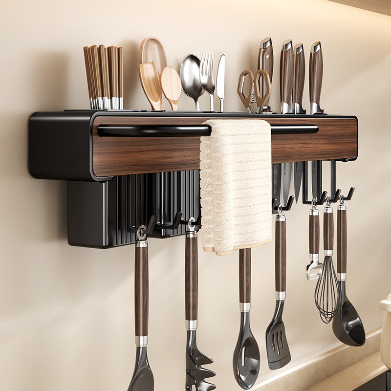 厨房木纹刀架置物架免打孔壁挂筷笼刀具一体锅铲勺收纳架子筷子筒
