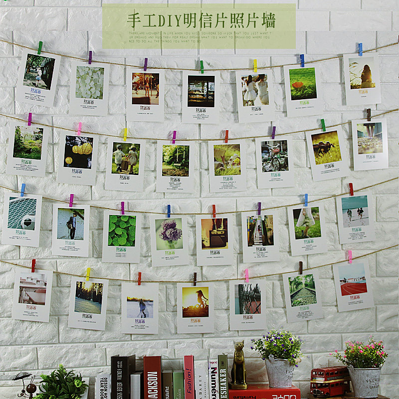 房间ins照片墙面文艺明信片相片墙奶茶咖啡店照片墙装饰 麻绳夹子