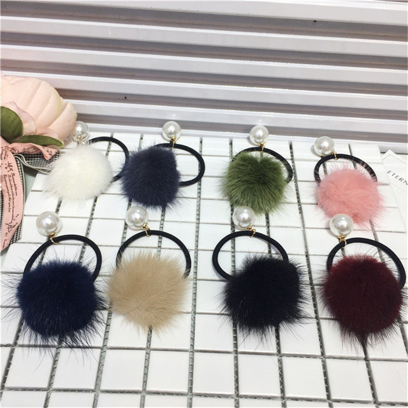 韩国进口皮草发绳真毛皮筋头绳貂毛发绳发饰纯色水貂毛球珍珠发圈