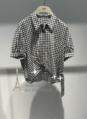 RB家2024年夏款专柜正品百搭黑白格系带短袖衬衫6L23C68276-539