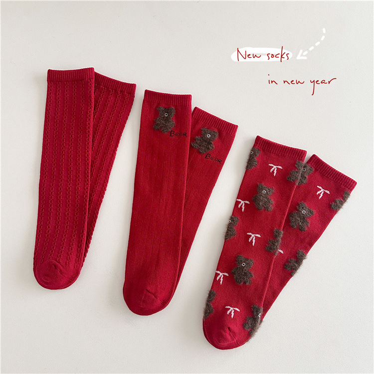 L2540秋冬新款儿童袜子2025卡通猫猫熊大红色中筒袜新年袜潮袜