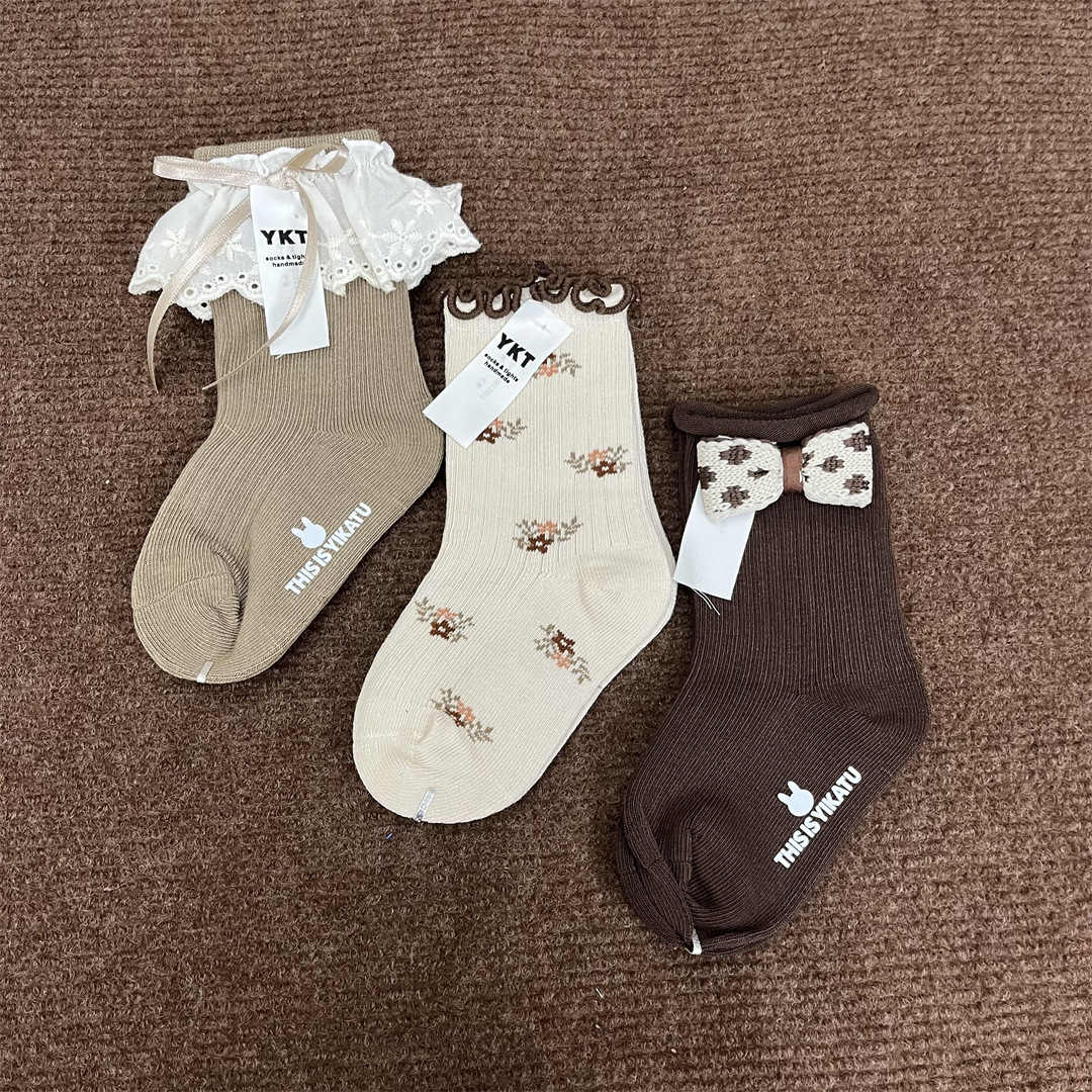 伊卡兔yikatu秋冬中筒袜松口女宝宝蝴蝶结碎花儿童袜子2-12岁8142