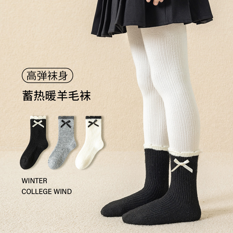 XY118冬季女童堆堆袜羊毛儿童袜子保暖韩系蝴蝶结花边长袜中筒袜