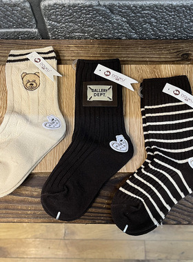 逗库2025秋冬中筒袜男女宝童袜刺绣方标熊卡通ins袜子2-12岁D3004