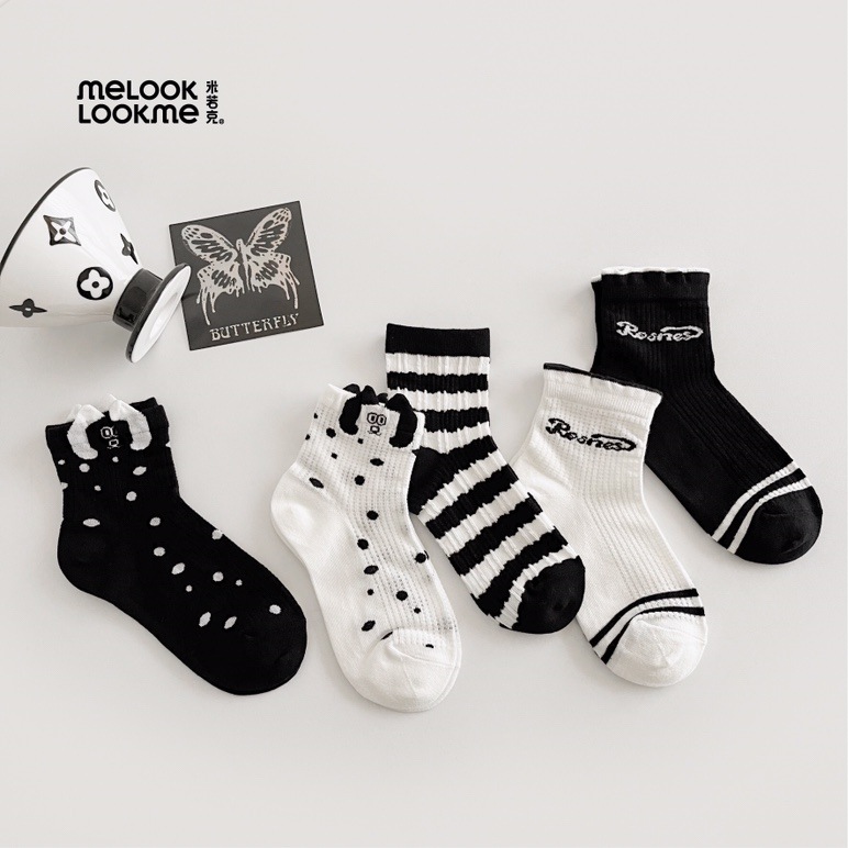 米若克儿童春夏款棉袜薄款袜子黑白系胶印字母卡通款中筒袜