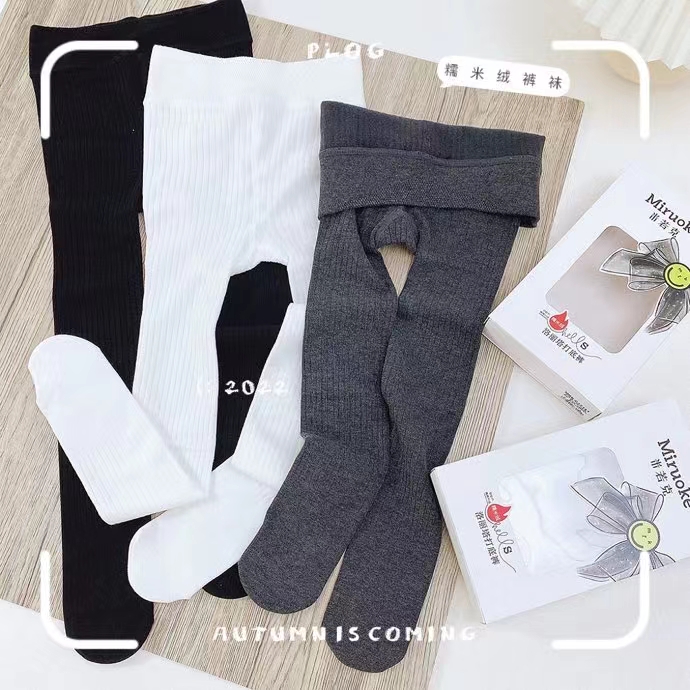 米若克25秋冬糯米绒儿童连裤袜女童薄绒加档细竖条打底裤连脚袜子